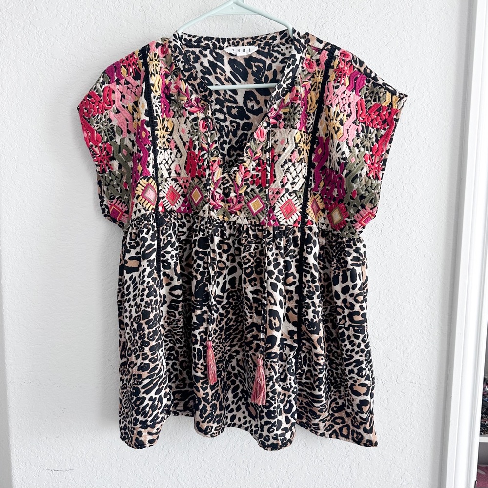THML Animal Print Embroidered Top Tassel Boho Top Medium